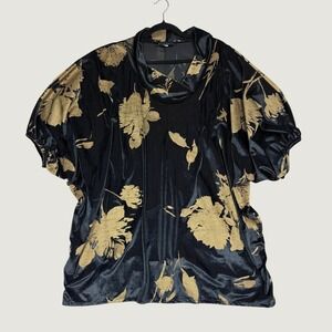 Bryn Walker Black Gold Floral Ribbed Velvet Cowl Neck Batwing Tunic Top Small